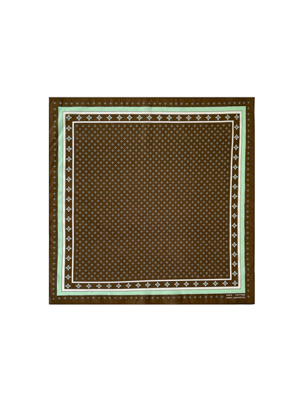 Brown square scarf with mint-green border and repeating geometric motifs