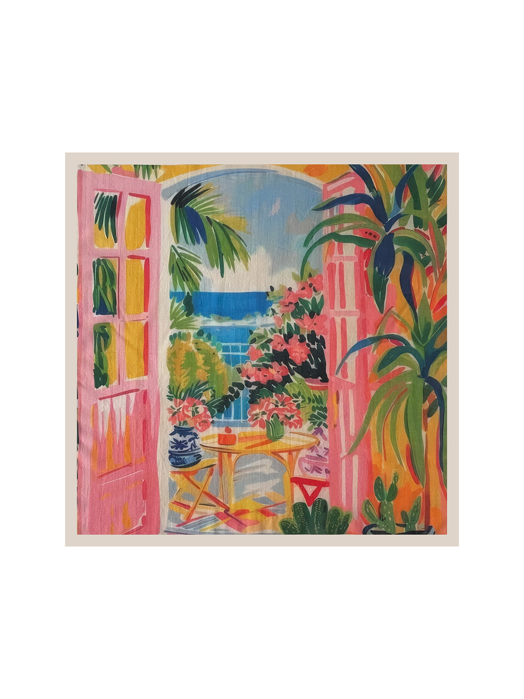 Multicolor square scarf with a painted coastal terrace pattern, full view