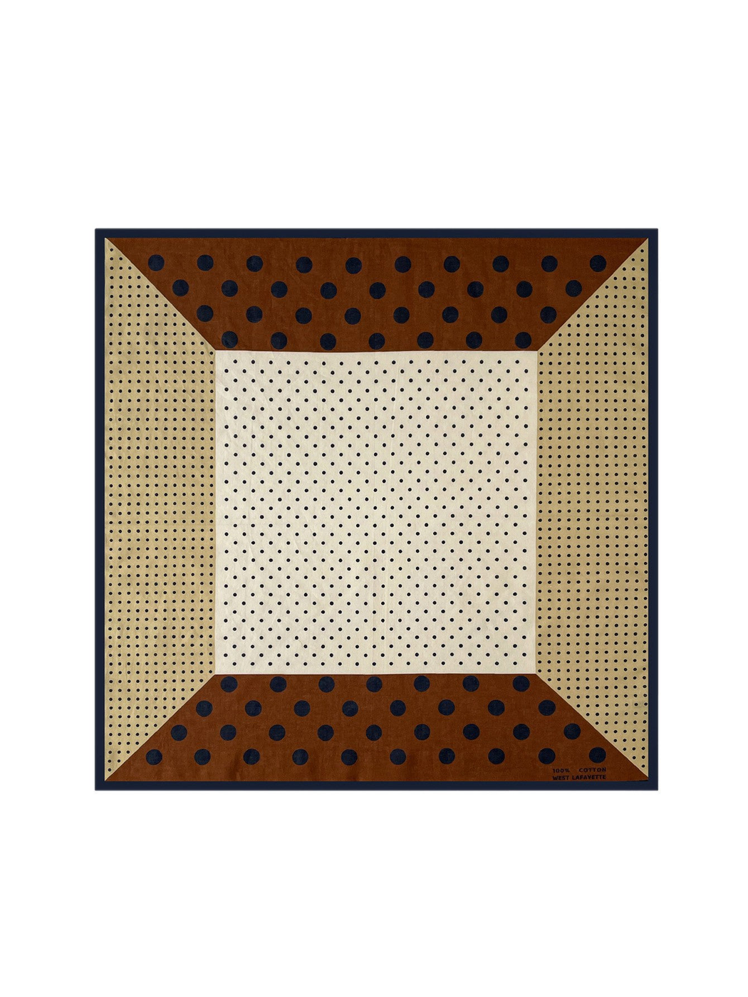 Brown polka dot square scarf with a cream center and navy border, flat view