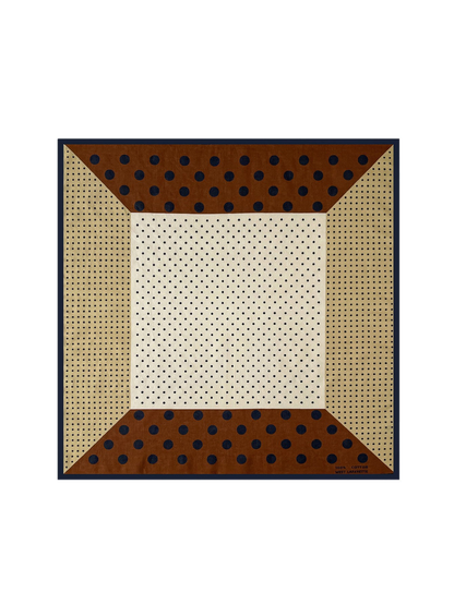 Brown polka dot square scarf with a cream center and navy border, flat view