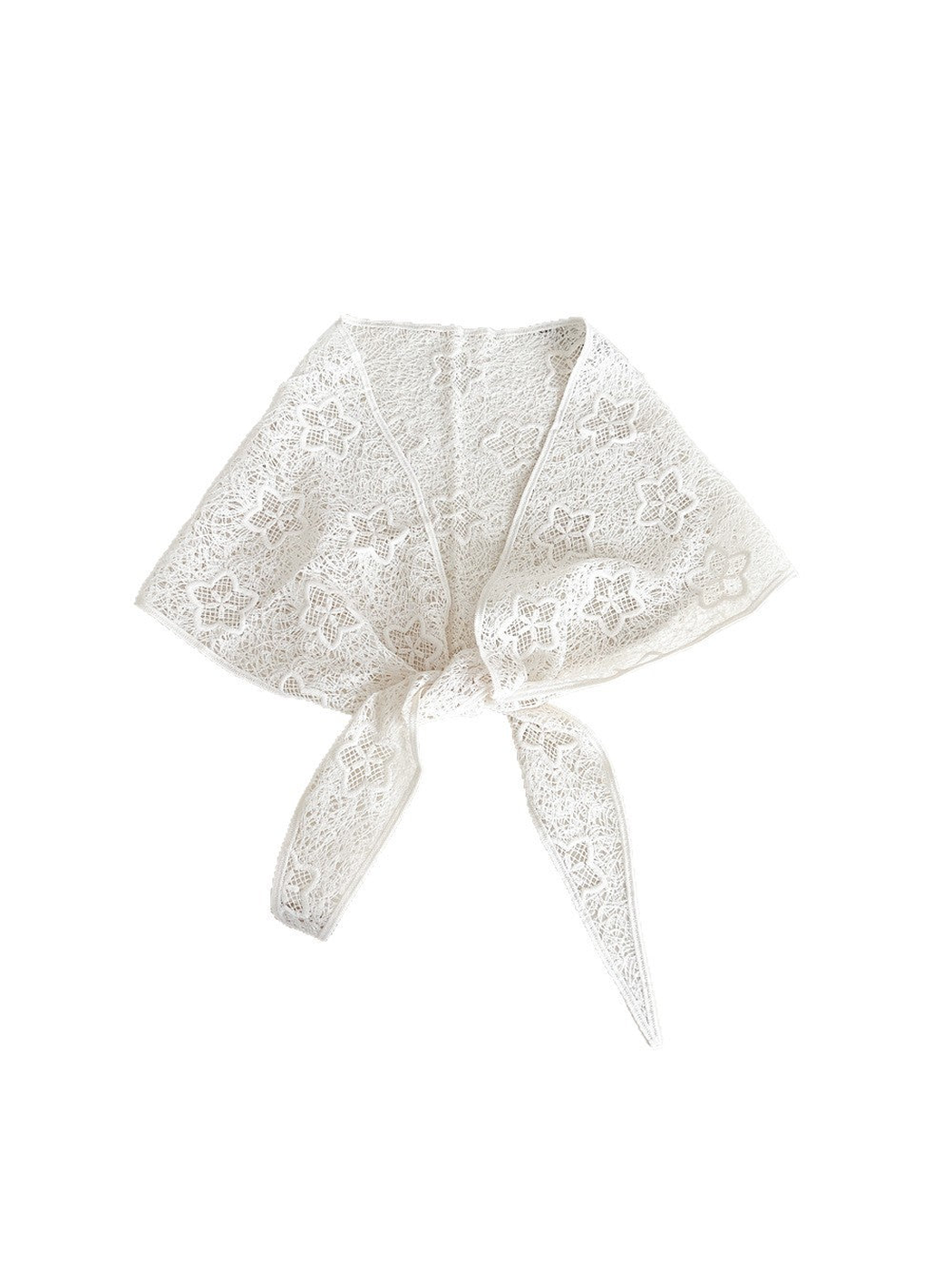 Ivory floral openwork triangle scarf tied at the front