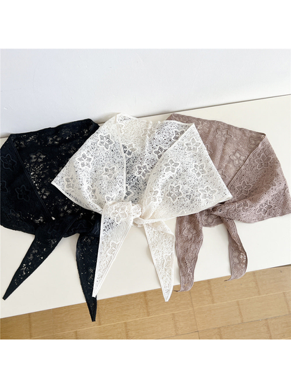 Ivory, Black and Light Coffee floral openwork triangle scarves displayed together
