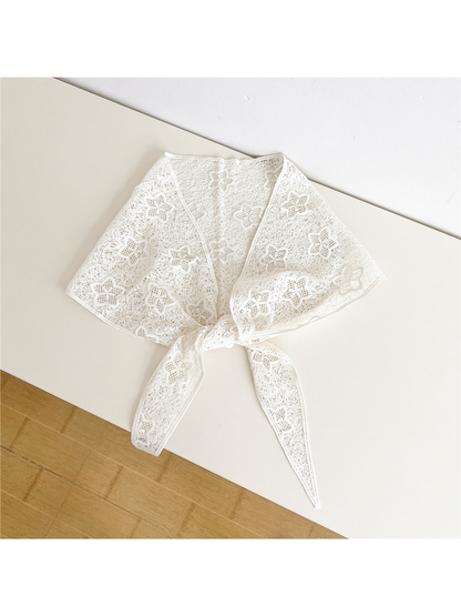 Ivory floral openwork triangle scarf with tapered tie ends