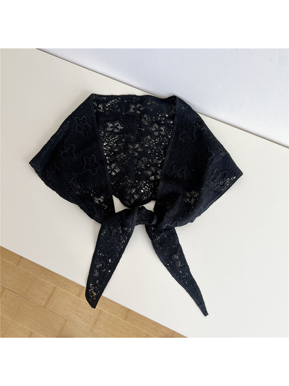 Black floral openwork triangle scarf with tapered tie ends