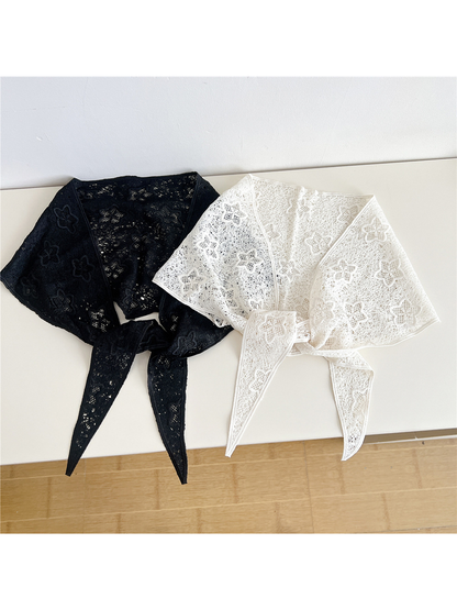 Black and Ivory floral openwork triangle scarves displayed side by side