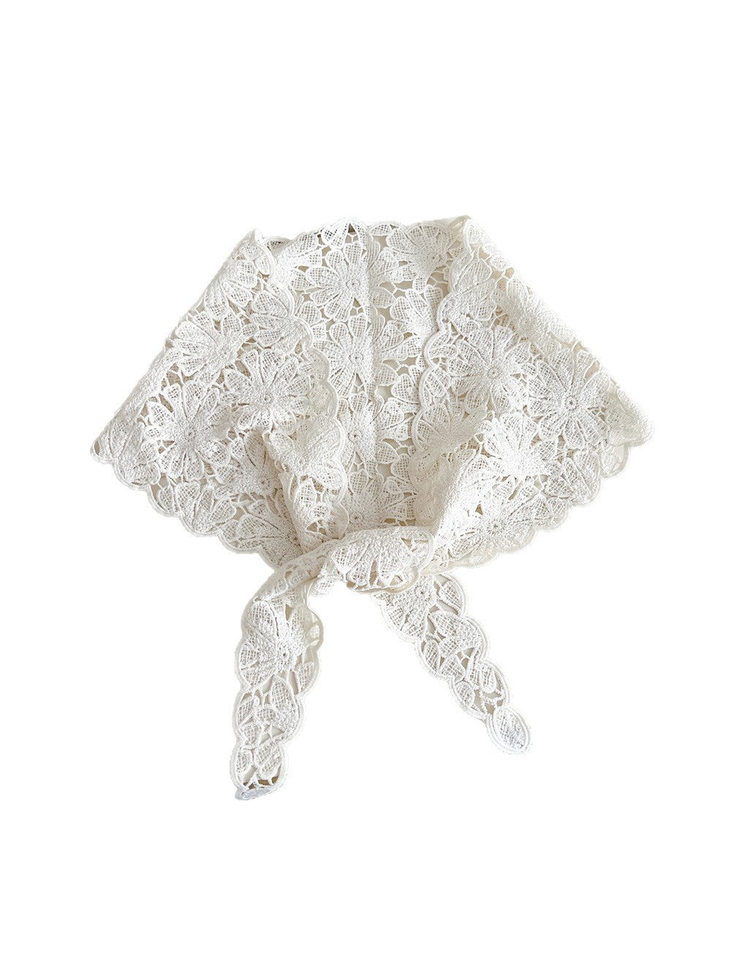 Ivory floral openwork triangle scarf with scalloped edges and tapered ties