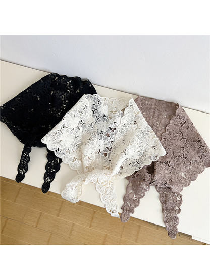 Ivory, Black and Light Coffee floral openwork triangle scarves displayed together