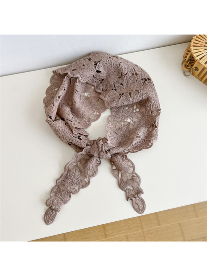 Light Coffee floral openwork triangle scarf tied at the front