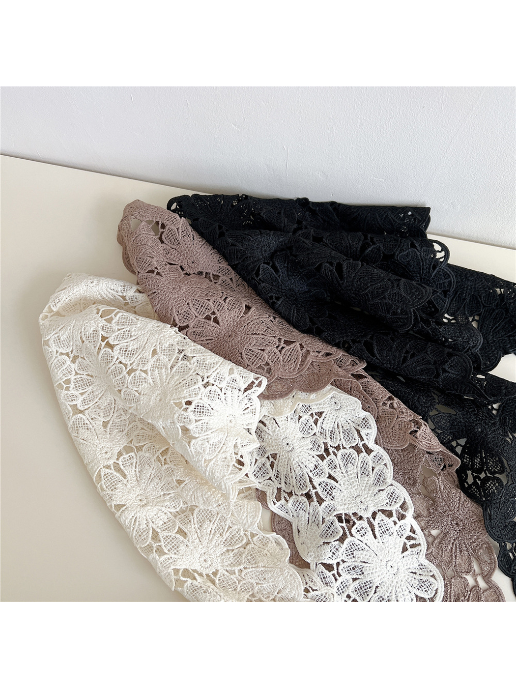 Ivory, Light Coffee and Black floral openwork scarves layered to show the pattern
