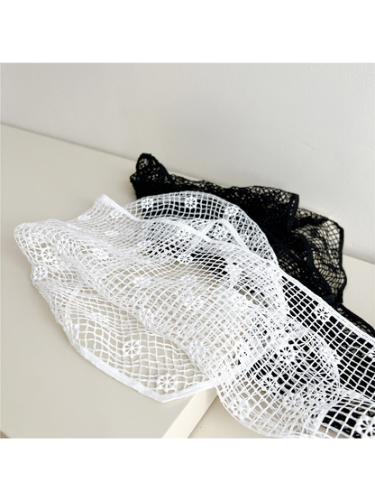Close-up of white openwork grid and small floral motifs