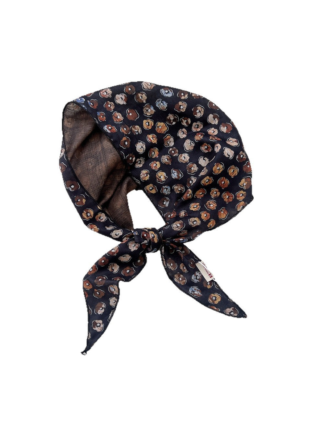 Popcorn Black floral triangle scarf tied against a white background