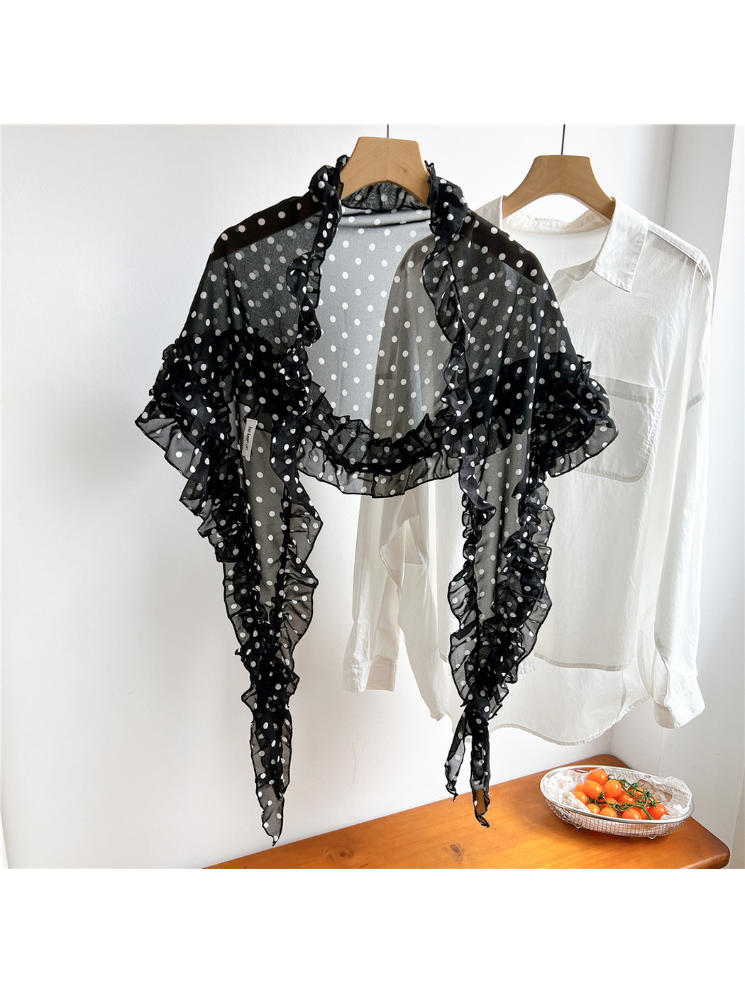 Black sheer polka dot triangle scarf with ruffled edge trim