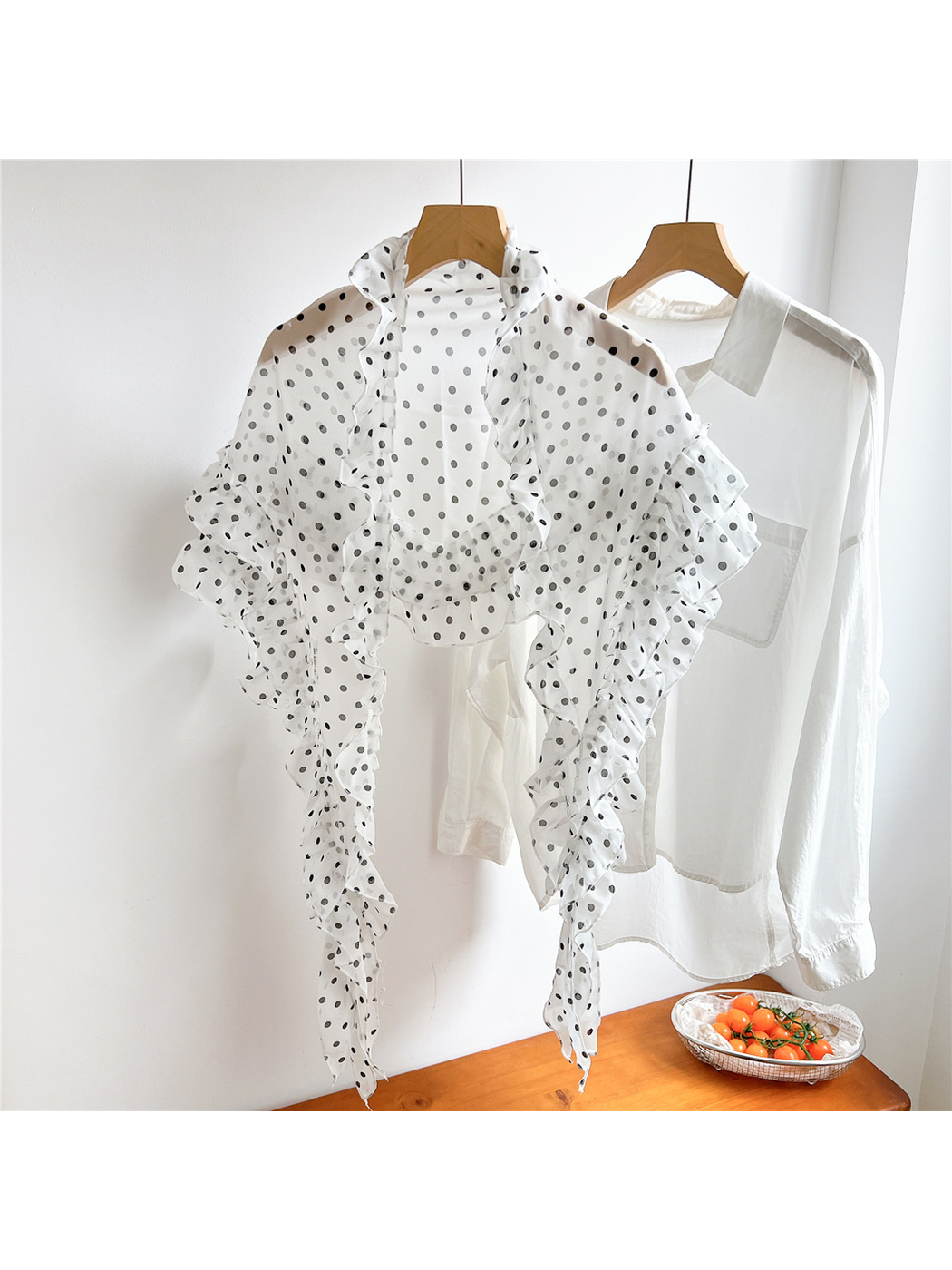 White sheer polka dot triangle scarf with ruffled edge trim