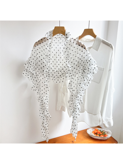 White sheer polka dot triangle scarf with ruffled edge trim