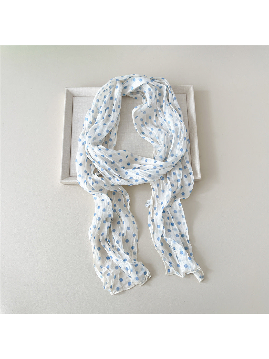 Blue Dots crinkled long scarf with narrow stitched edges