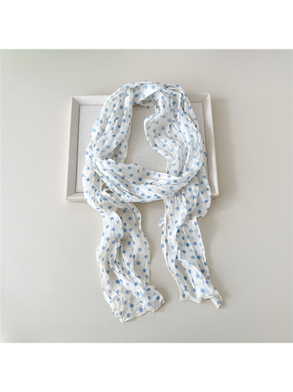 Blue Dots crinkled long scarf with narrow stitched edges