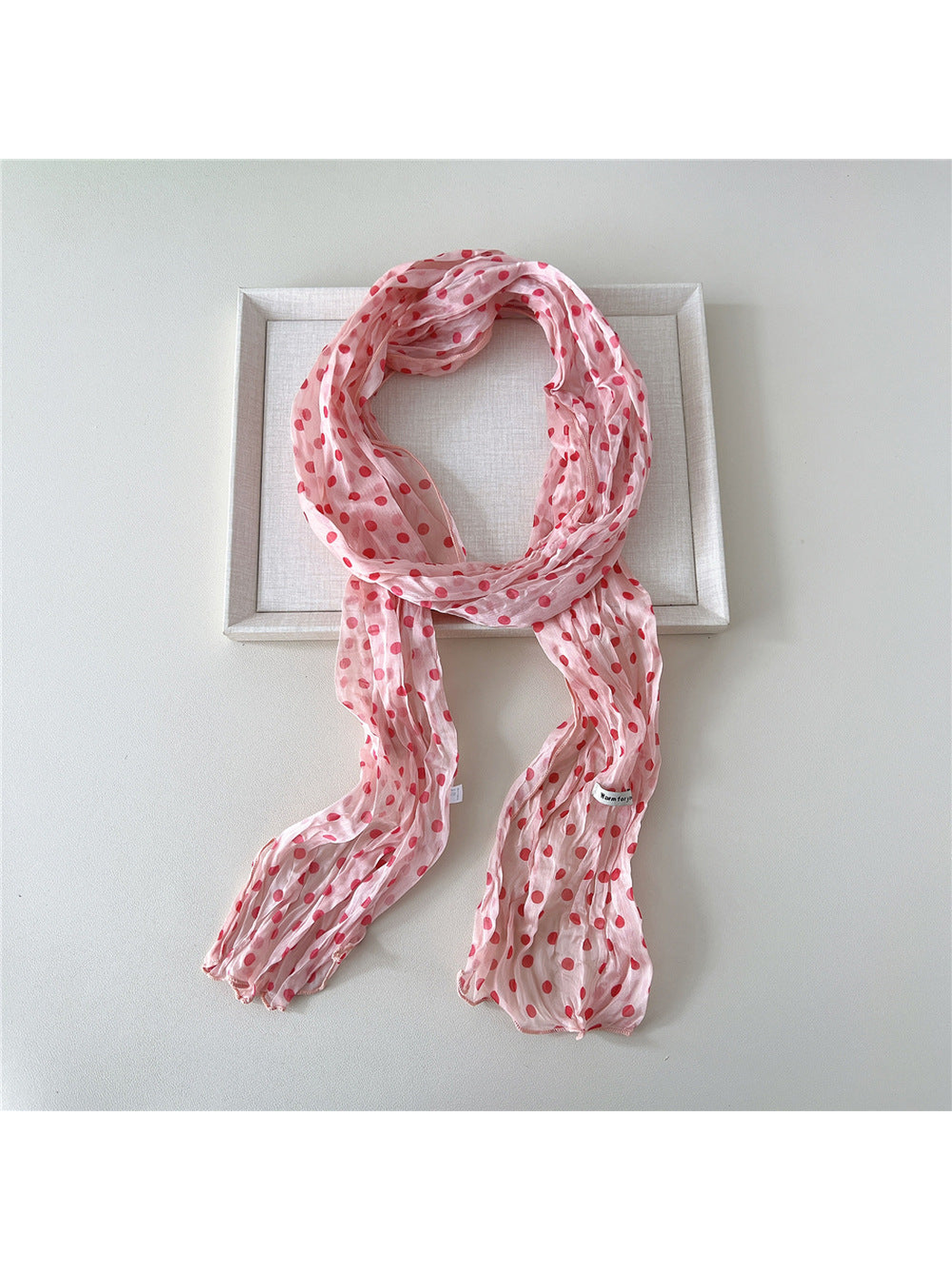Pink Dots crinkled long scarf with narrow stitched edges
