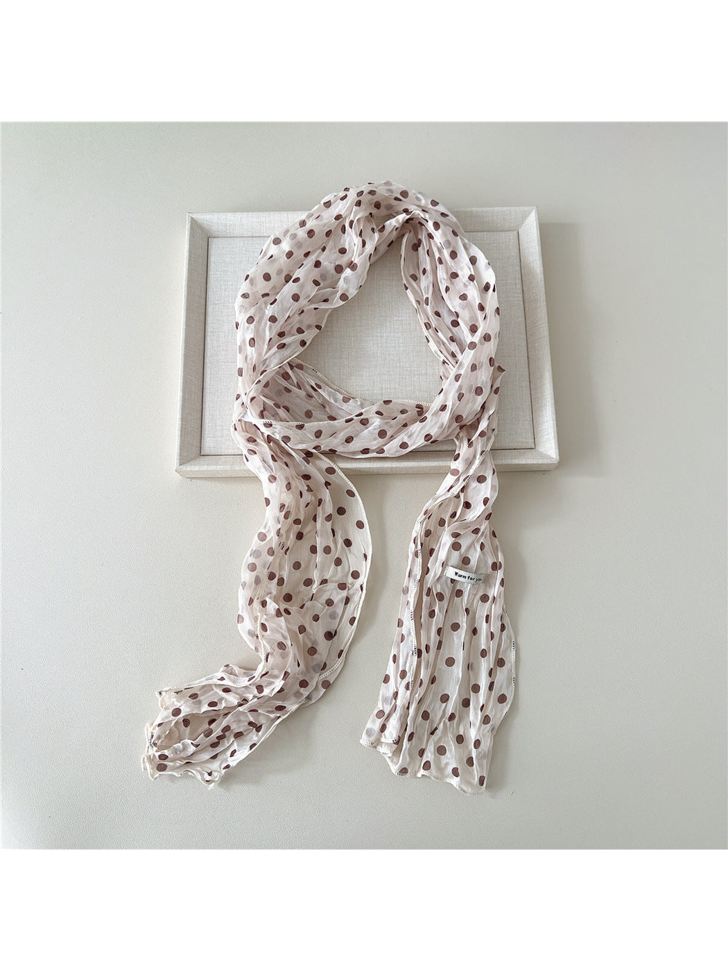Brown Dots crinkled long scarf with narrow stitched edges
