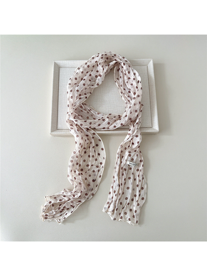 Brown Dots crinkled long scarf with narrow stitched edges