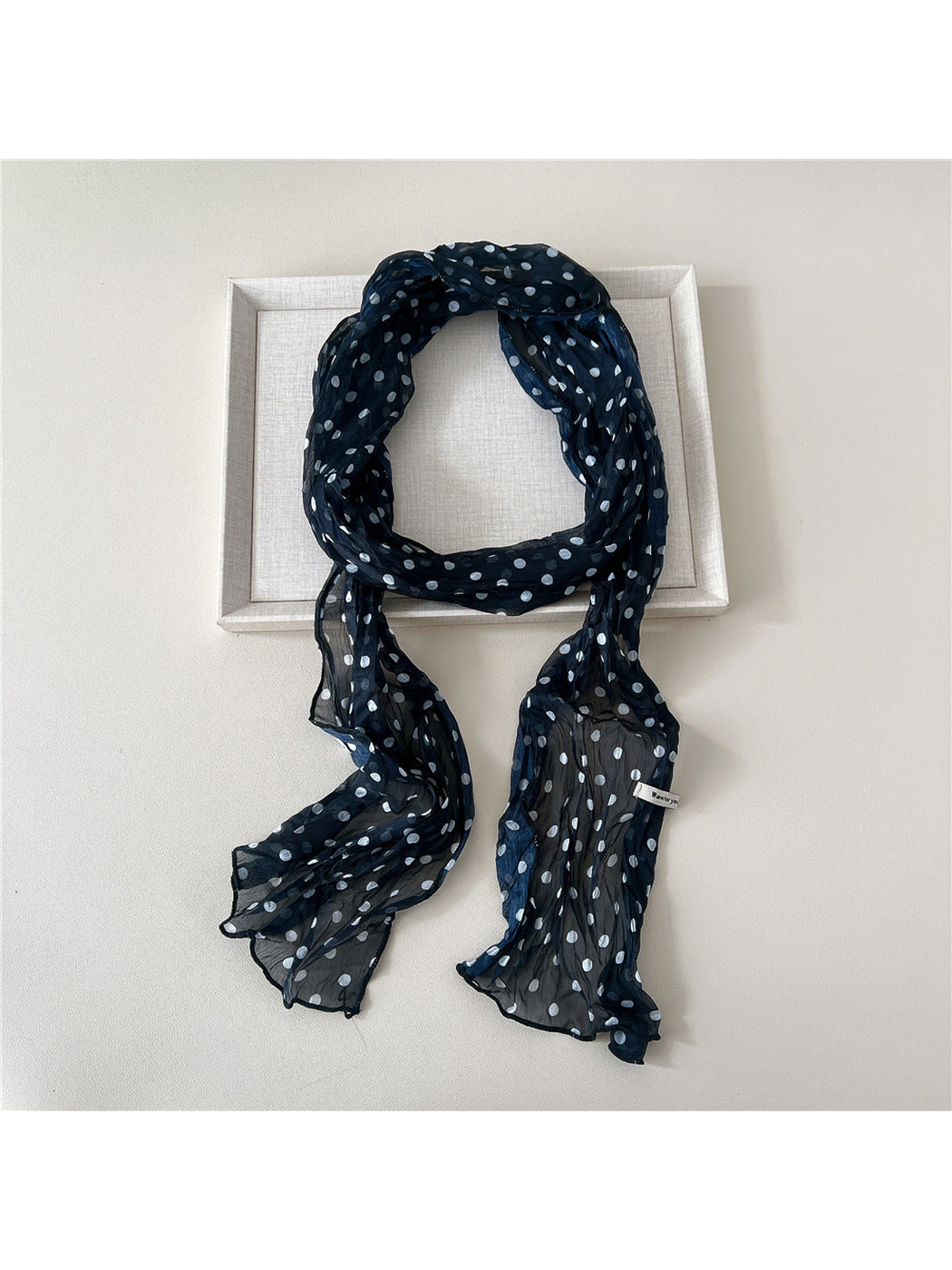 Navy Dots crinkled long scarf with narrow stitched edges