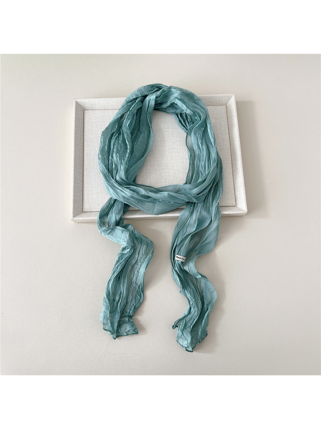 Teal Blue solid crinkled long scarf with narrow stitched edges