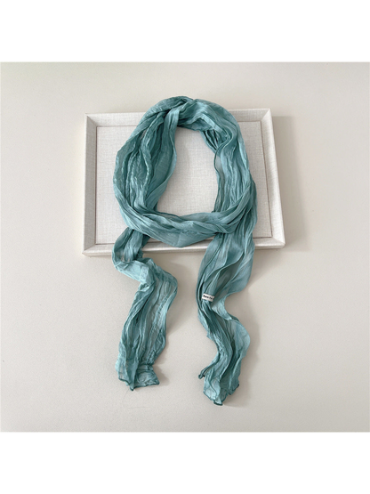 Teal Blue solid crinkled long scarf with narrow stitched edges