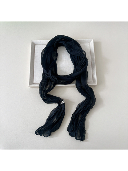 Black solid crinkled long scarf with narrow stitched edges
