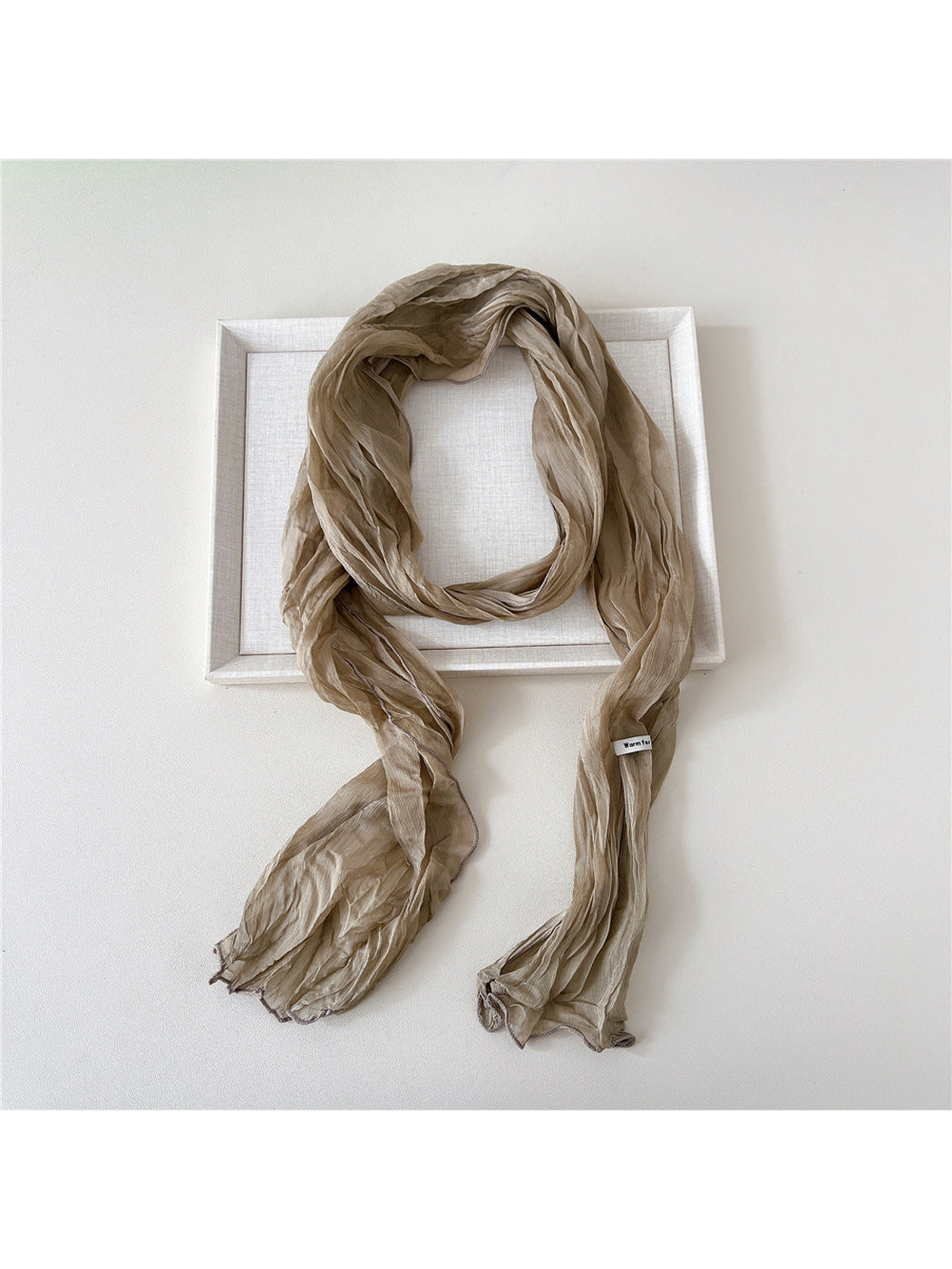 Khaki solid crinkled long scarf with narrow stitched edges