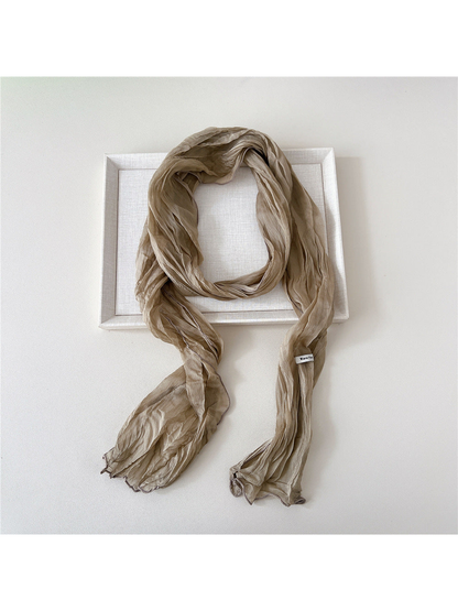 Khaki solid crinkled long scarf with narrow stitched edges