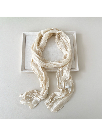 Ivory solid crinkled long scarf with narrow stitched edges
