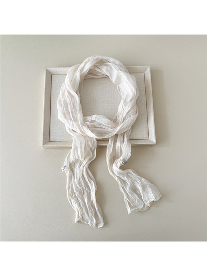 White solid crinkled long scarf with narrow stitched edges