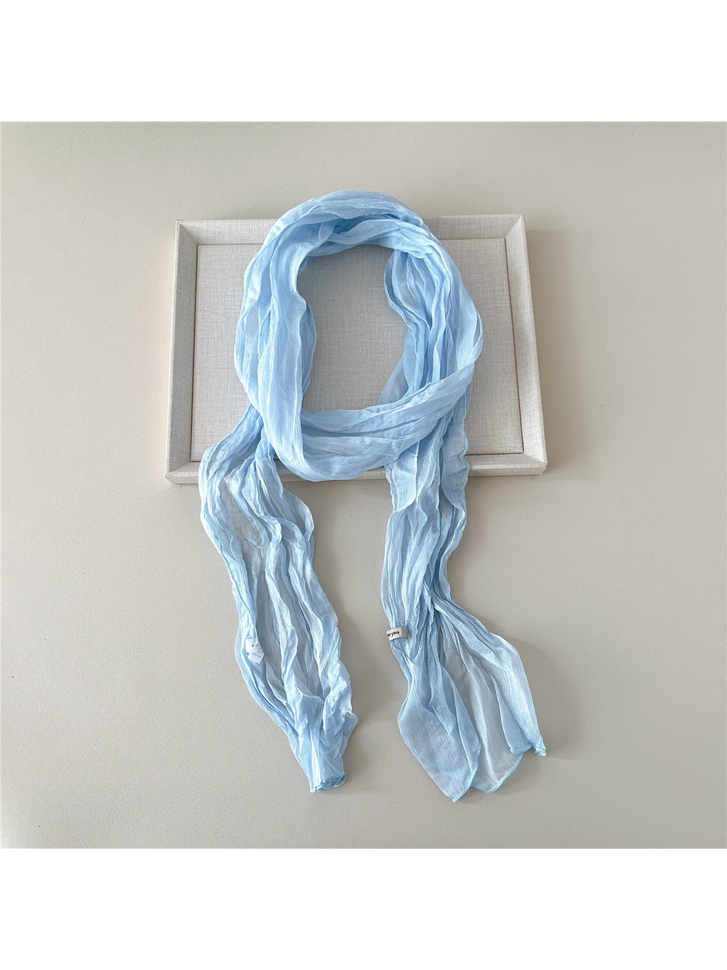 Light Blue solid crinkled long scarf with narrow stitched edges