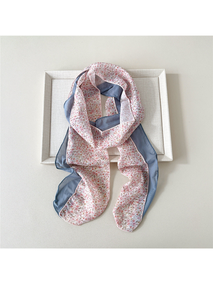 Blush Floral scarf with a dense pink floral print and blue-gray side panel