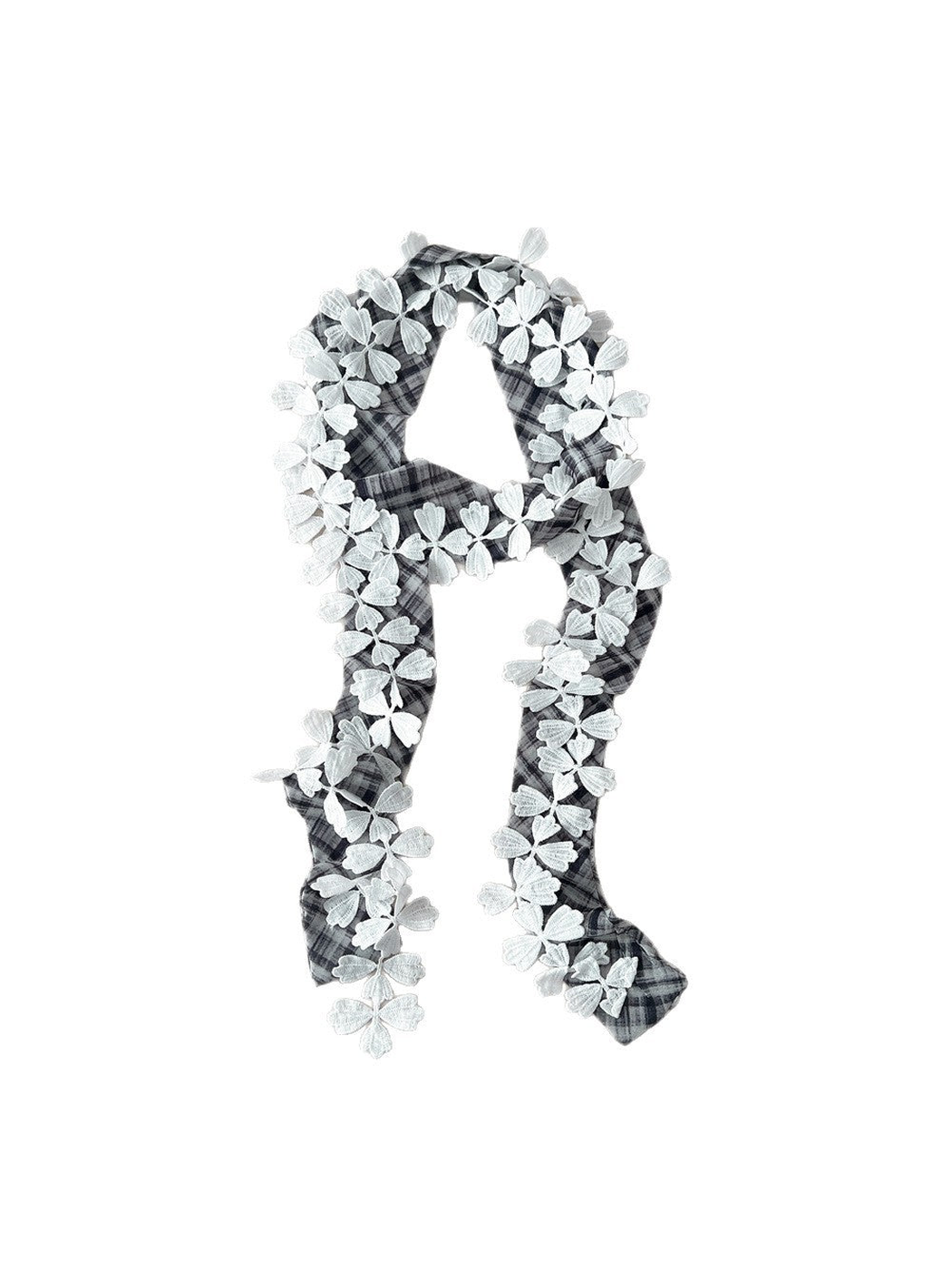 Black Gray plaid narrow scarf with white leaf lace trim on a white background