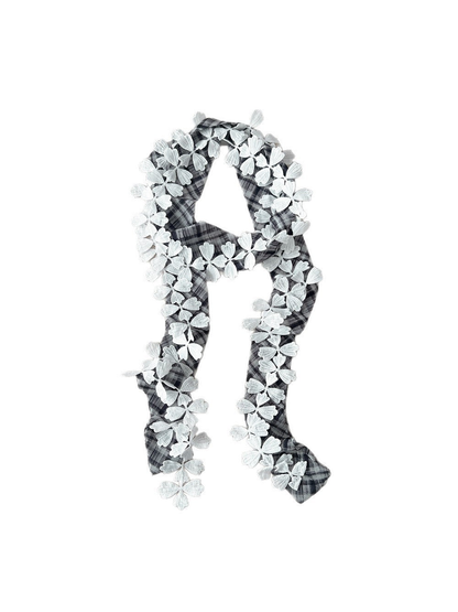 Black Gray plaid narrow scarf with white leaf lace trim on a white background