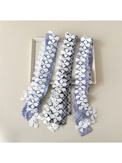 Black Gray, Light Blue and Gray plaid narrow scarves with white leaf lace trim