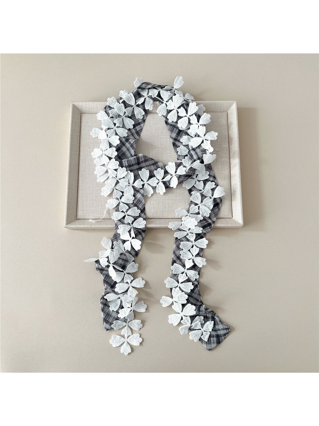 Black Gray plaid narrow scarf with white leaf lace trim