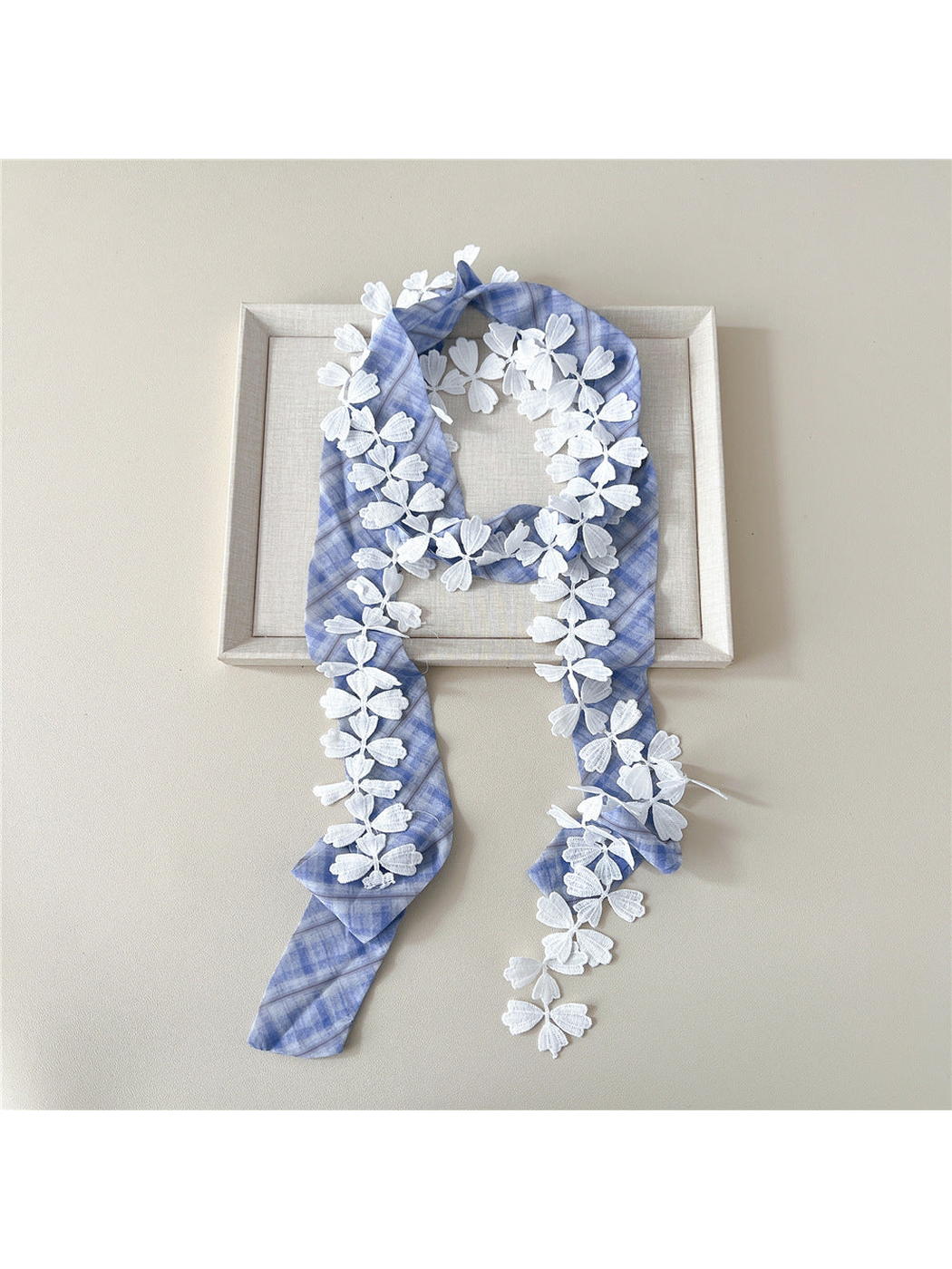 Light Blue plaid narrow scarf with white leaf lace trim