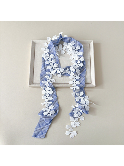 Light Blue plaid narrow scarf with white leaf lace trim