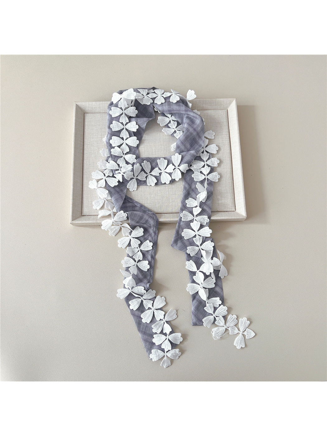 Gray plaid narrow scarf with white leaf lace trim