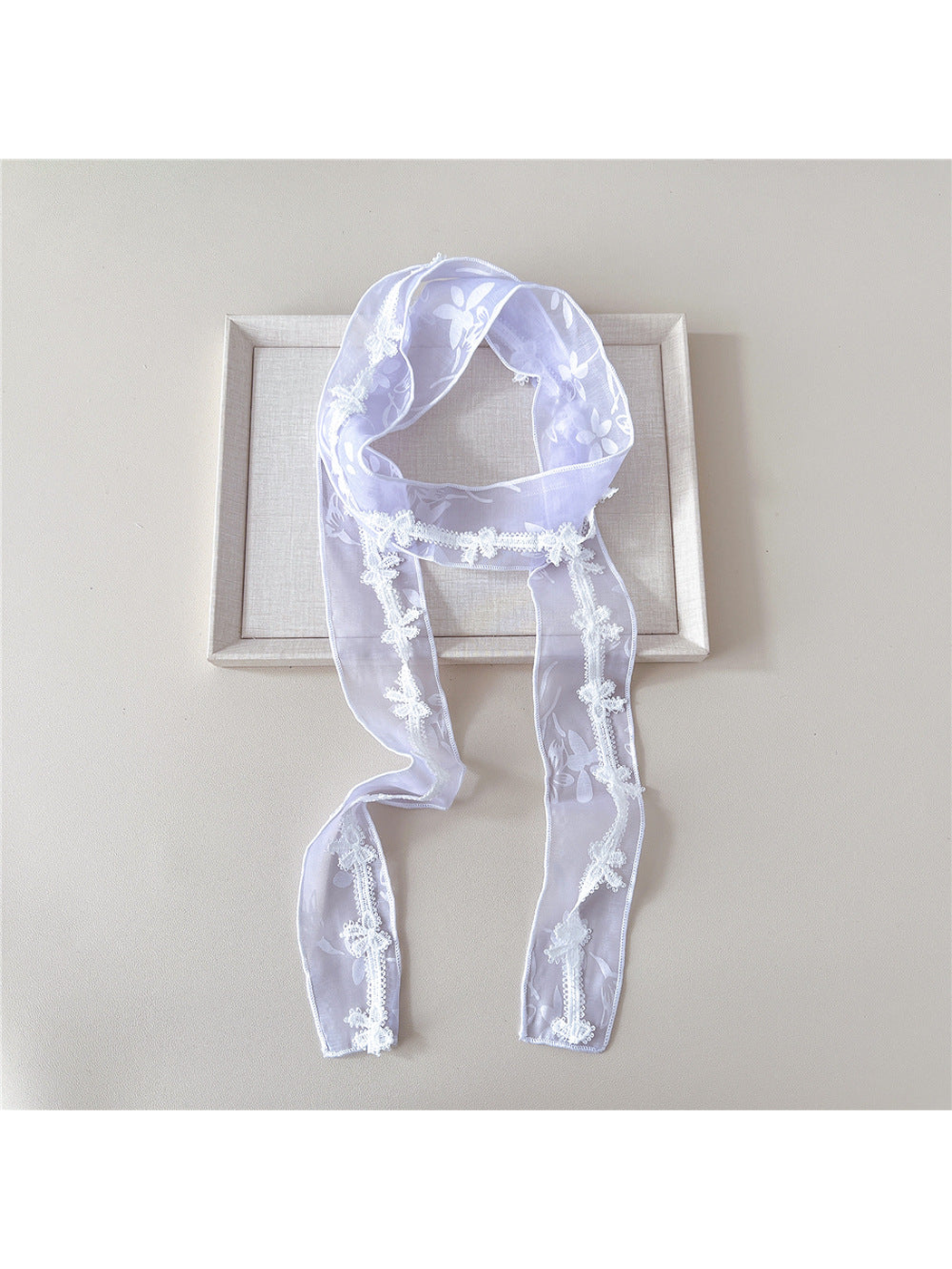 Light Purple sheer narrow scarf with floral motifs and butterfly lace trim