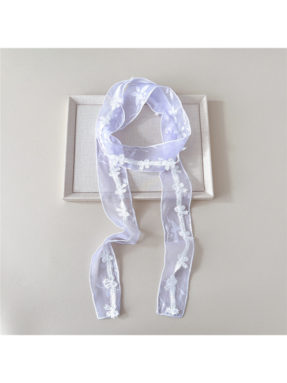 Light Purple sheer narrow scarf with floral motifs and butterfly lace trim