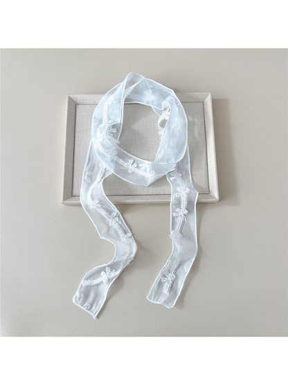 Light Blue sheer narrow scarf with floral motifs and butterfly lace trim