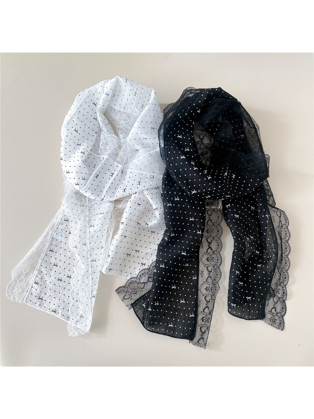 White and Black dotted bow scarves with floral lace trim