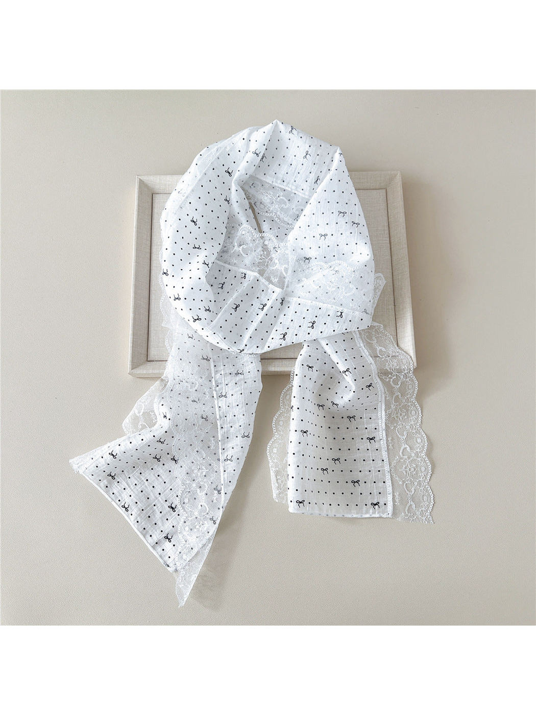 White dotted bow scarf with wide floral lace trim