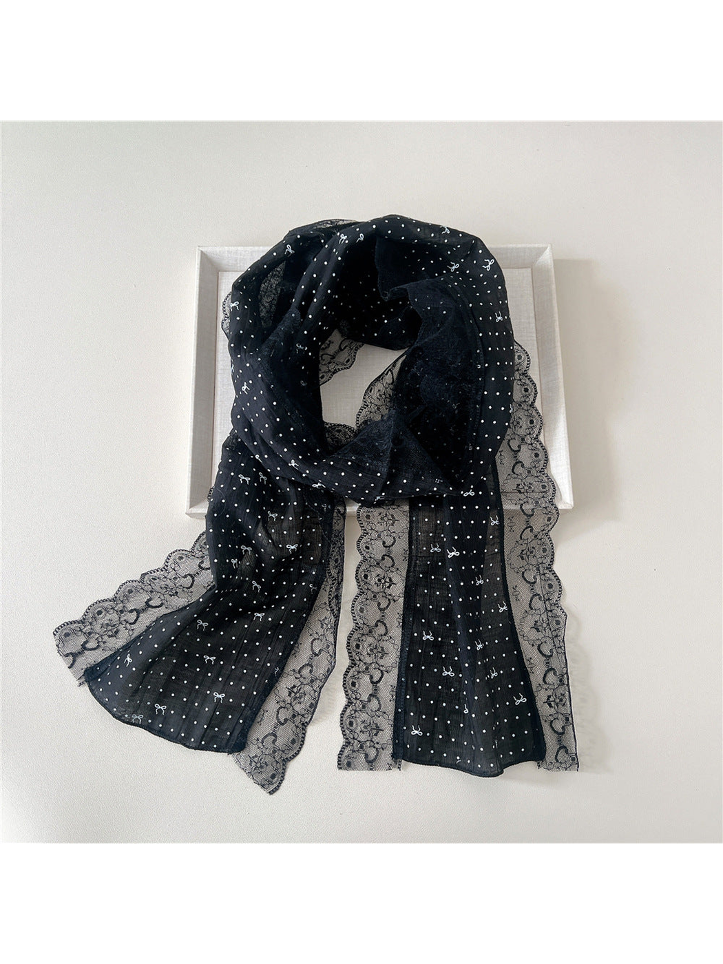 Black dotted bow scarf with wide floral lace trim