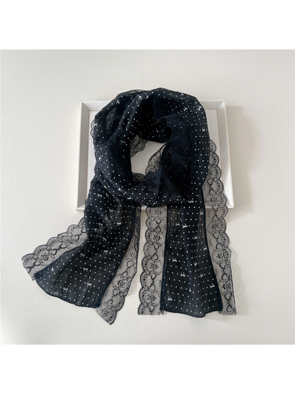 Black dotted bow scarf with wide floral lace trim