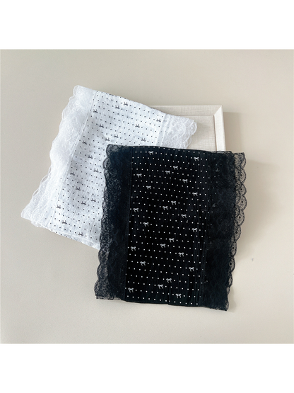 Folded White and Black dotted bow scarves with lace borders