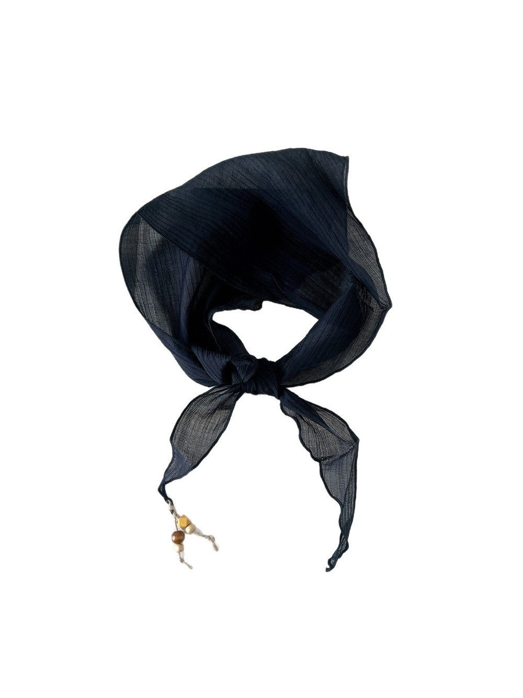 Navy textured scarf tied with bead detail at one pointed end