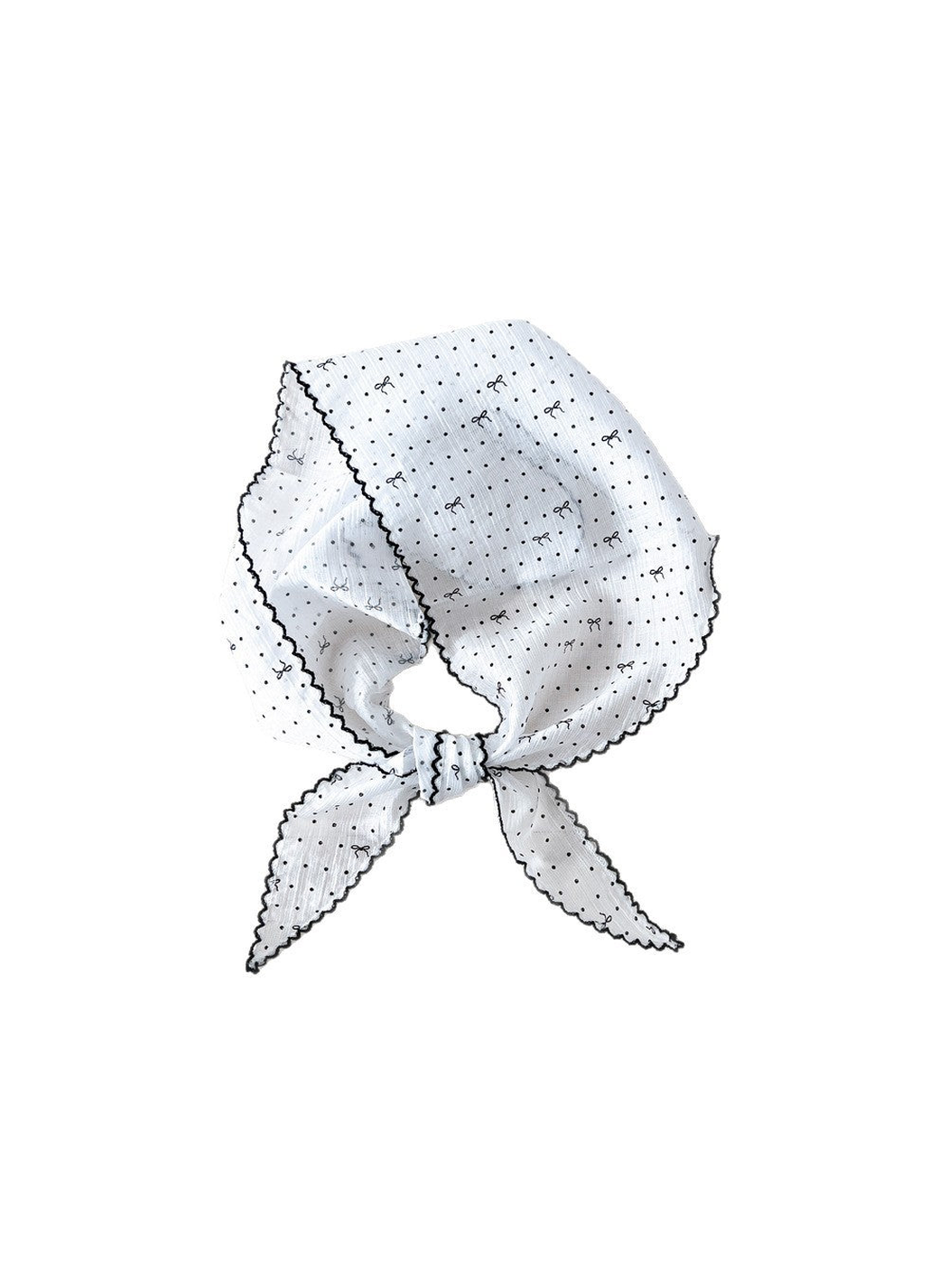 White triangle scarf with polka dots, bow motifs and scalloped edging